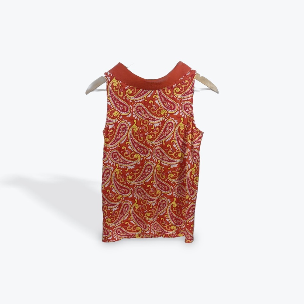 Talbots Vibrant Orange Yellow Paisley Sleeveless Tank Collared Polo Top Small